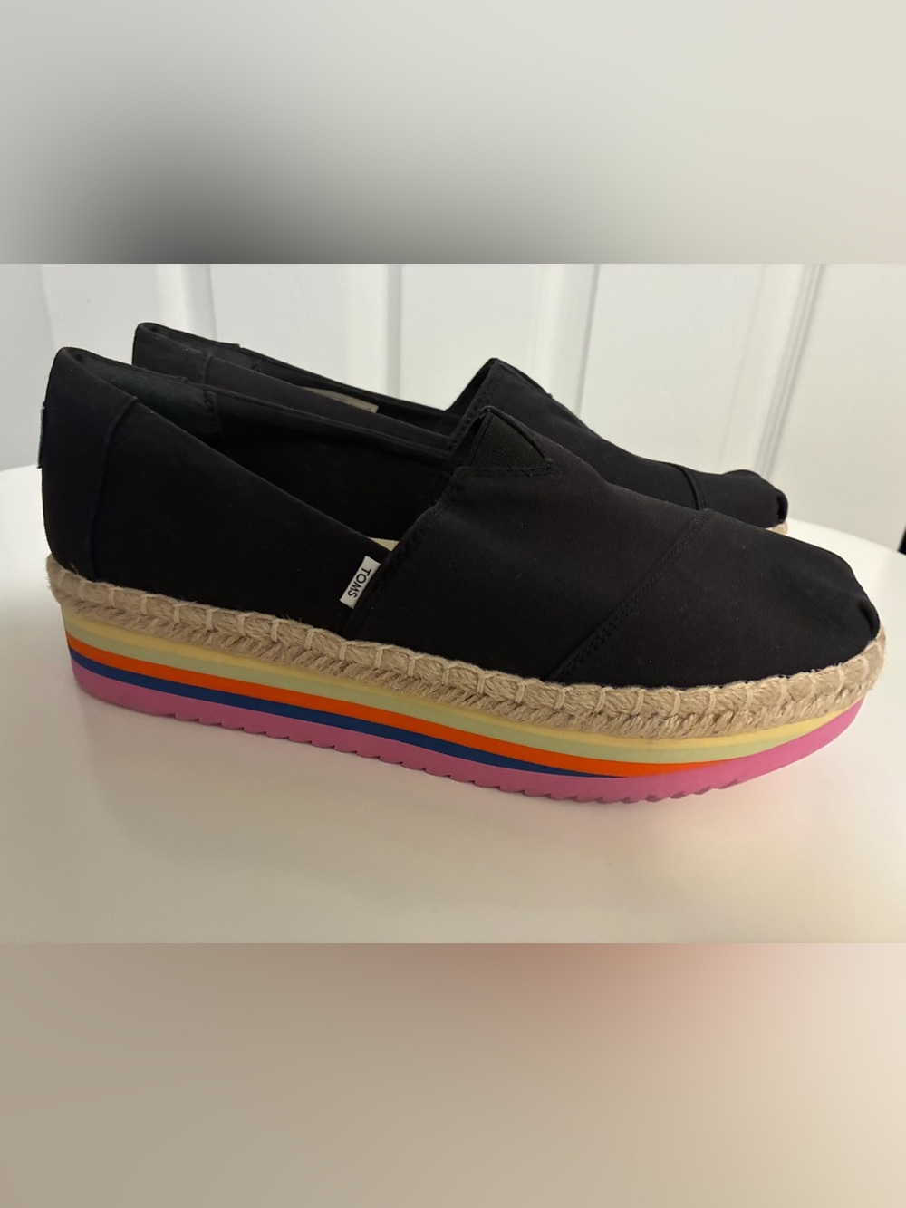 TOMS Black Canvas Espadrille Platform with Rainbow Stripe Sole
